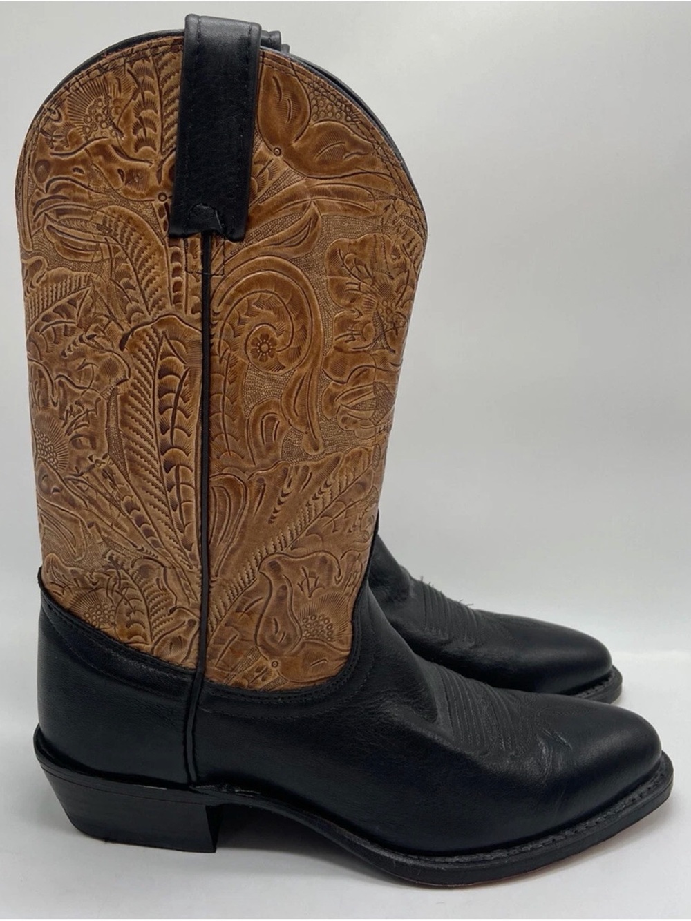 Dan Post El Paso Leather Hand Tooled Western Boots Black & Tan Womens Size 7 M